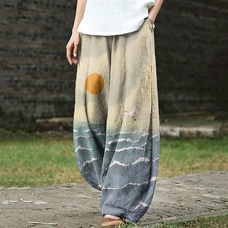 Dashingsoul Vintage Crane Waves Japanese Art Print Casual Pants