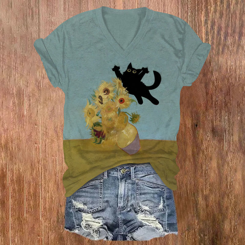 Funny Van Gogh Sunflower And Black Cat Print V-neck T-shirt - Blue - 5XL - image 1