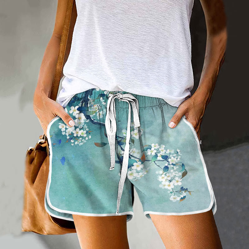 Japanese Antique Pear Blossom Ink Painting Print Pocket Shorts - Light Blue - 5XL - image 1