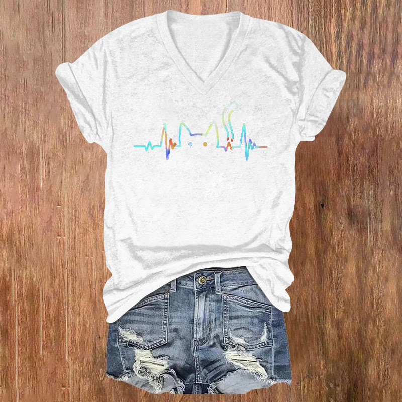 Rainbow ECG Cat Print V-neck T-shirt