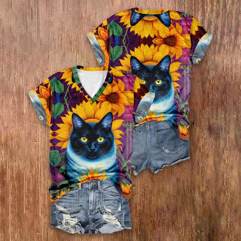 Artistic Sunflower Cat Design Printed Casual V-neck T-shirt - image 2