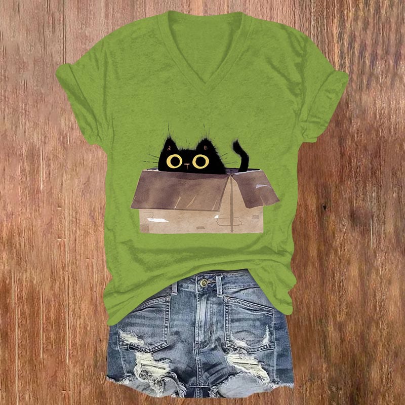 Creative Cat In A Box Print V-neck T-shirt - Green - 5XL - image 1