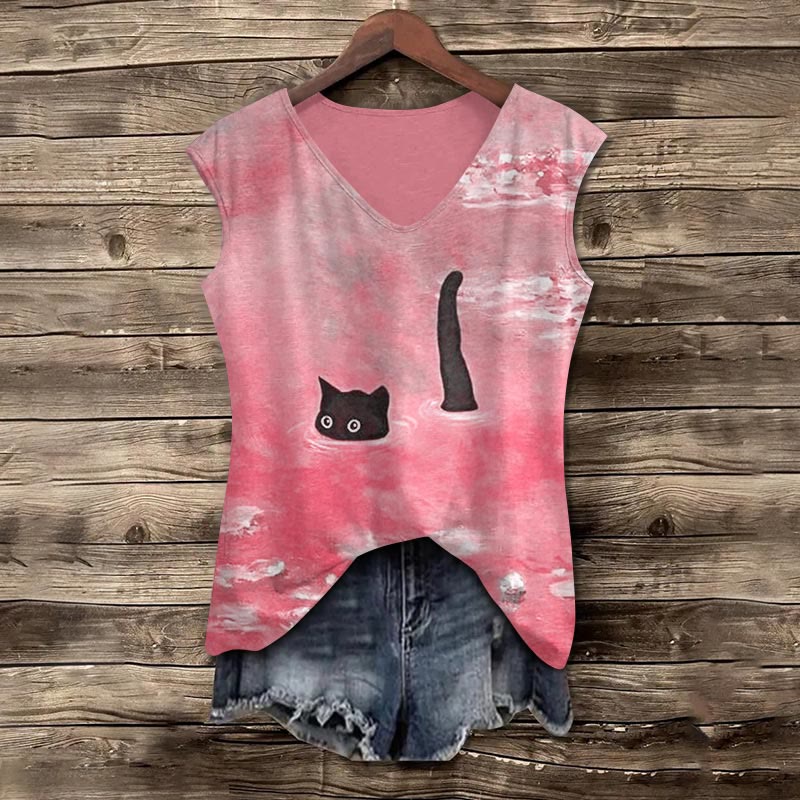 Women's Oil Painting Cat V-neck Tank Top - Pink - 5XL - image 2