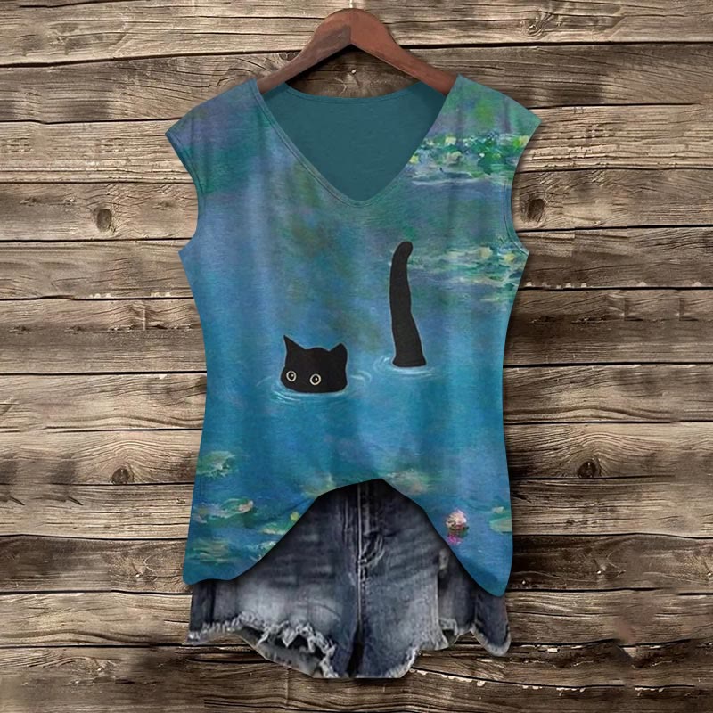 Women's Oil Painting Cat V-neck Tank Top - Dark Blue - 5XL - image 1