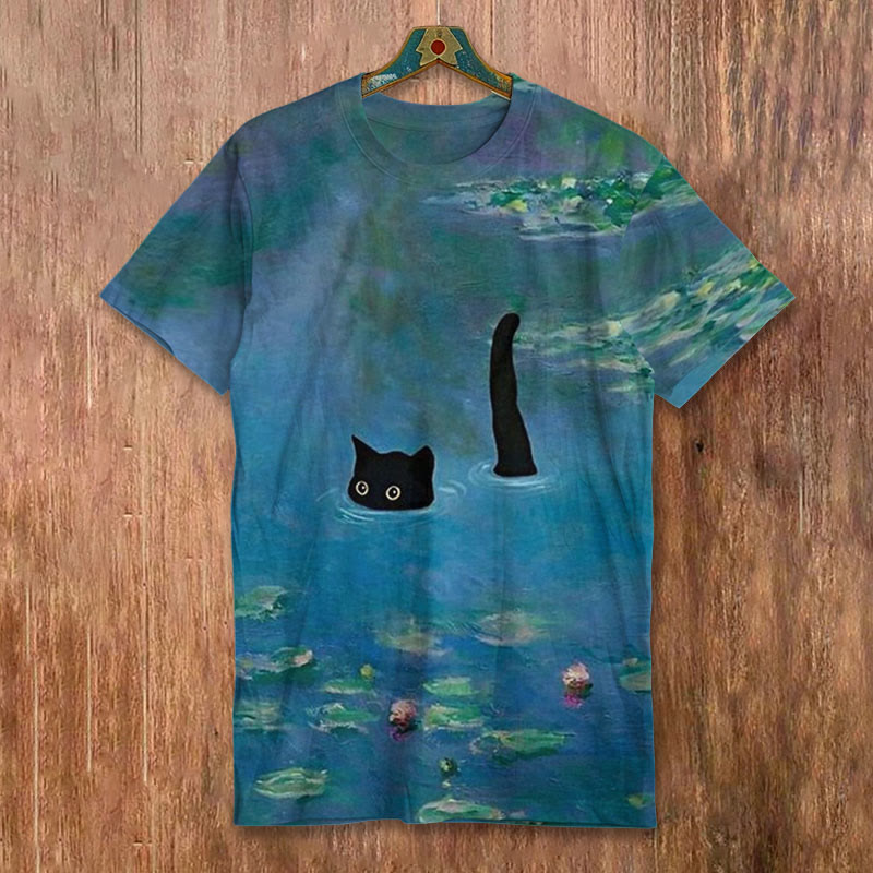 Oil Painting Cat Print Short-sleeved Men's Casual T-shirt