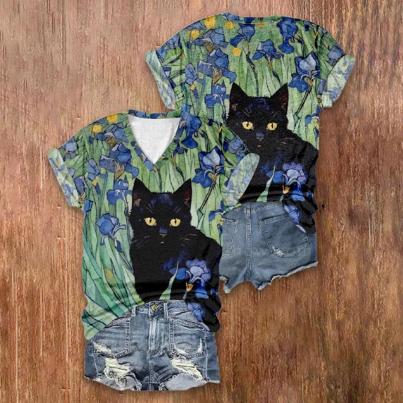 Oil Painting Black Cat Design Print V-neck T-shirt - image 2