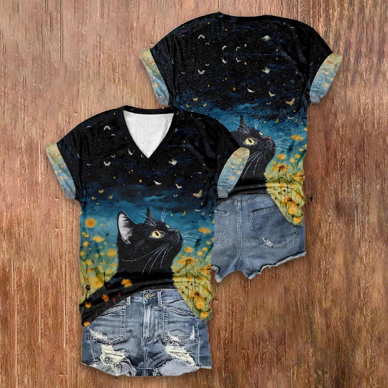 Black Cat Watching Birds Flying Casual Print V-neck T-shirt - image 2