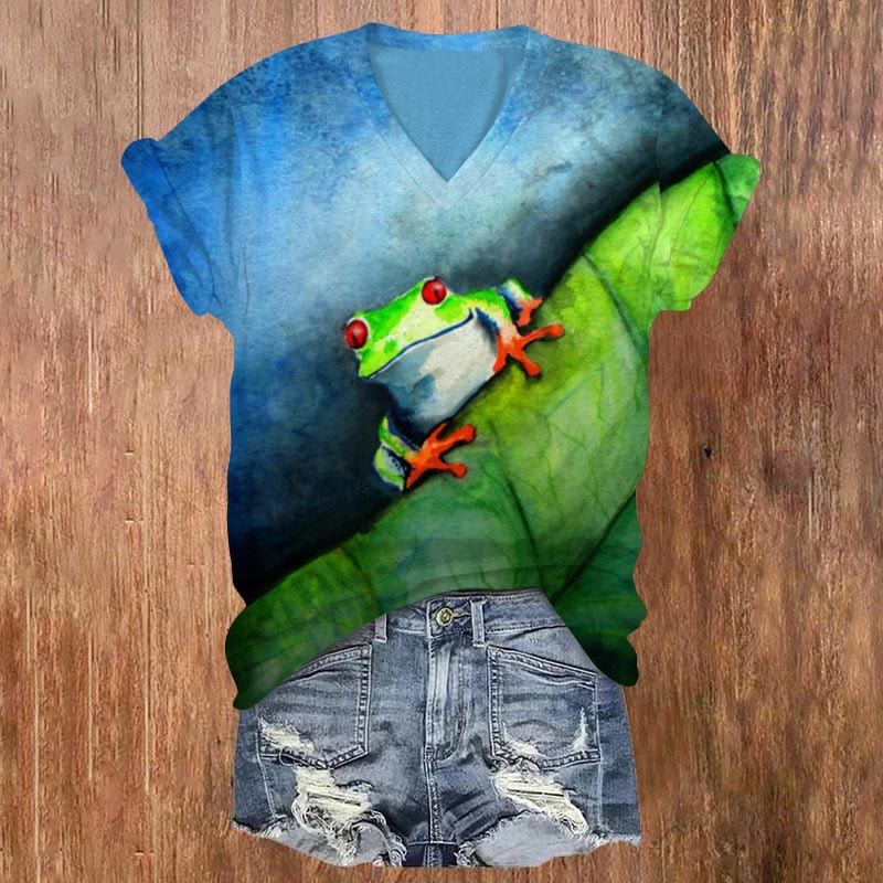 Women's Tree Frog Art Watercolor Painting Print V-neck T-shirt