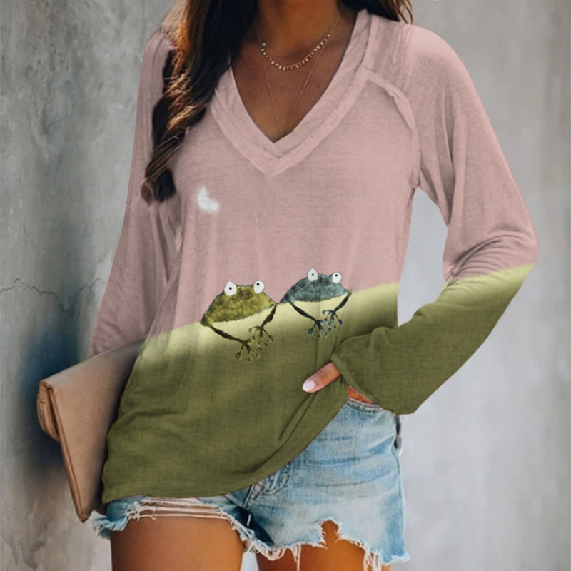 Simple Frog Color Block Print V-neck Long Sleeve T-shirt