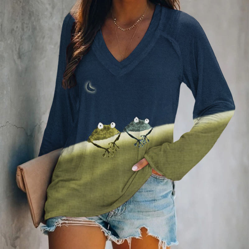 Simple Frog Color Block Print V-neck Long Sleeve T-shirt