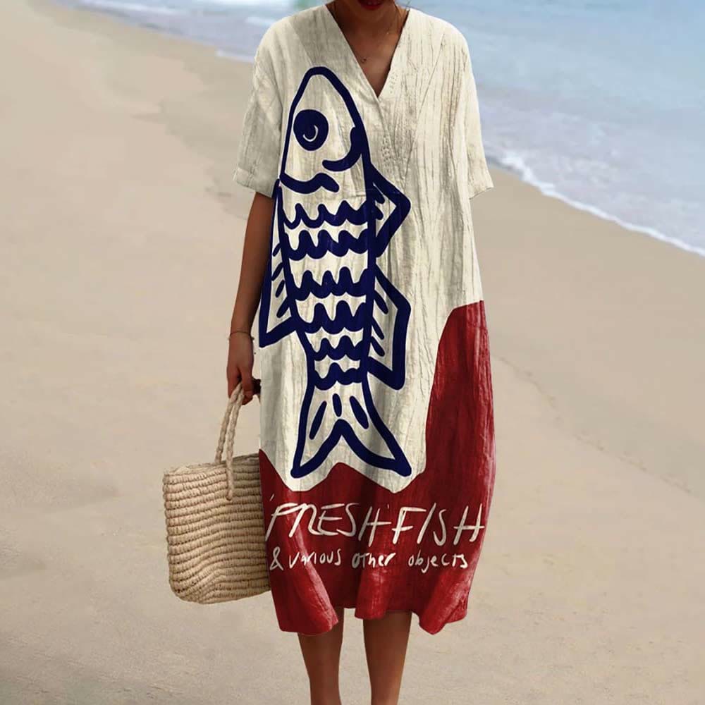 Women's Casual Silme Drawing Pnesh Fish Art Print Short-sleeved Midi Dress - Khaki - 6XL - image 1