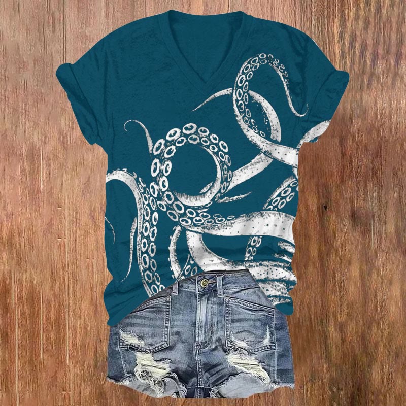 Contrast Octopus Tentacles Print V-neck T-shirt