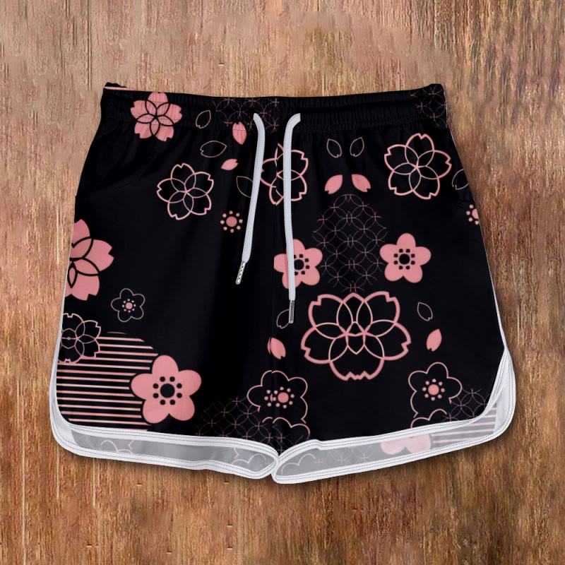 Women's Watercolor Painting Pinky Flowers Art Print Pocket Shorts - Black - 5XL - image 1