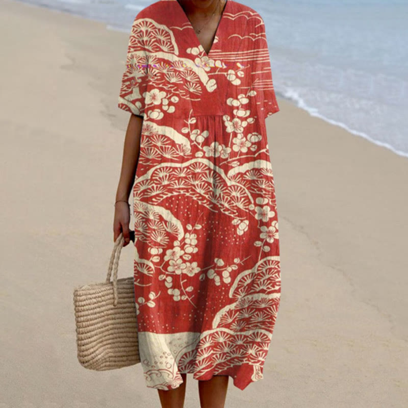 Women's Japanese Art Plum Blossom Printed V Neck Casual Short-sleeved Midi Dress