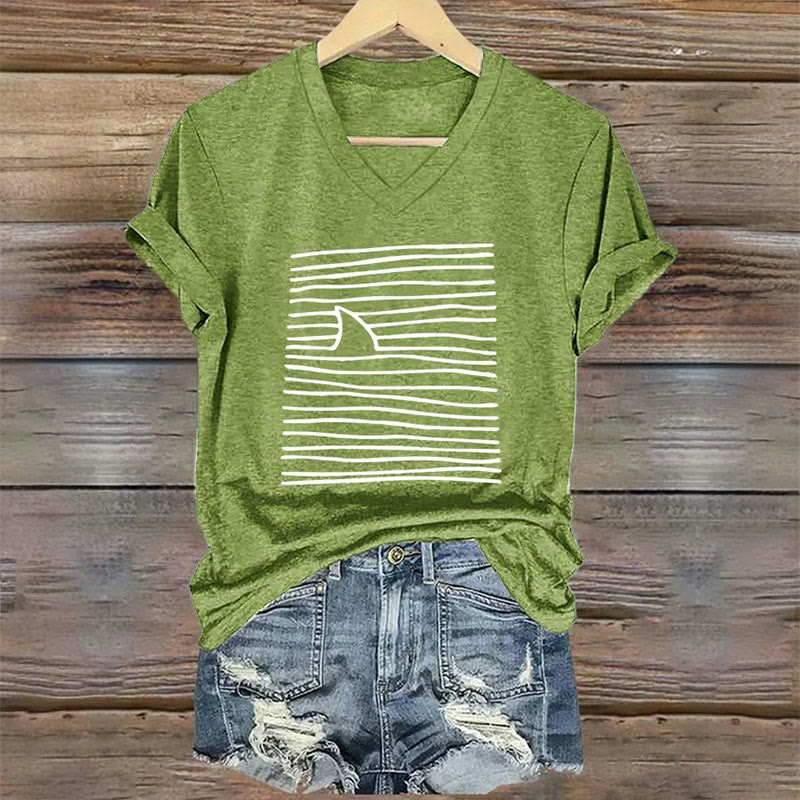 Women's Shark Art Print V-neck T-shirt