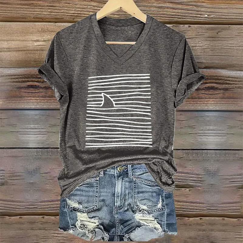 Women's Shark Art Print V-neck T-shirt
