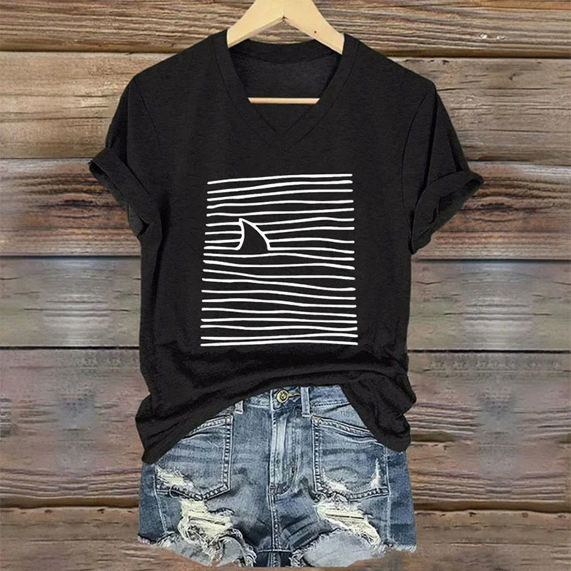 Women's Shark Art Print V-neck T-shirt