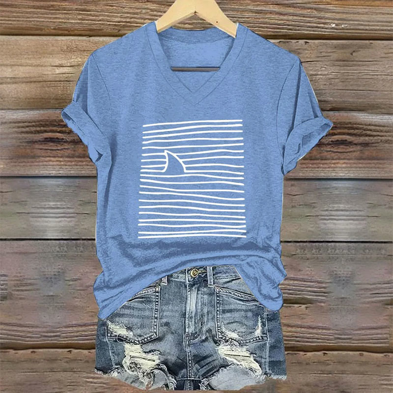 Women's Shark Art Print V-neck T-shirt