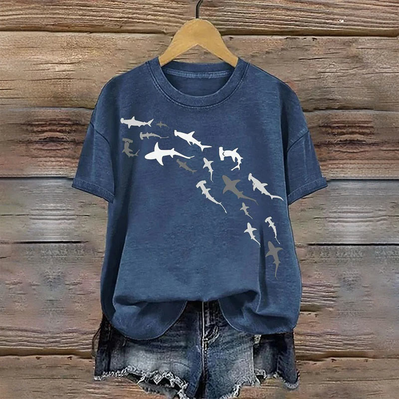 Women's Shark Week Marine Life Conservation Art Print Short Sleeve Crew Neck T-shirt