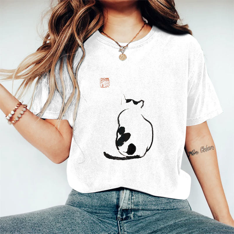 Dashingsoul 100% Cotton Japanese Art Cat Print Women's T-shirt