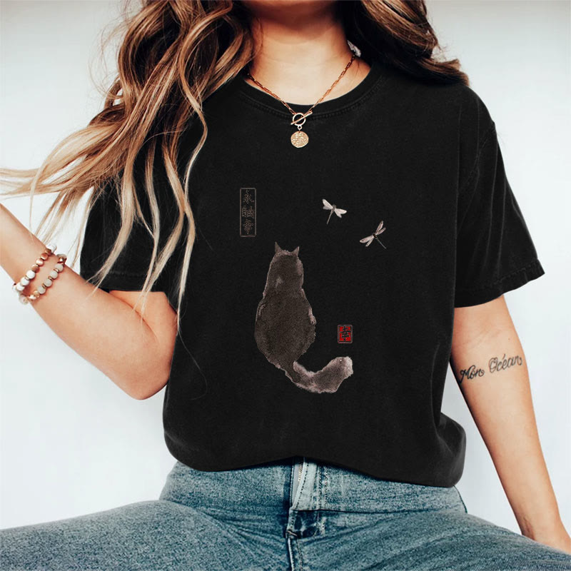 Dashingsoul 100% Cotton Ink Painting Black Cat Japanese Art Print Women's T-shirt
