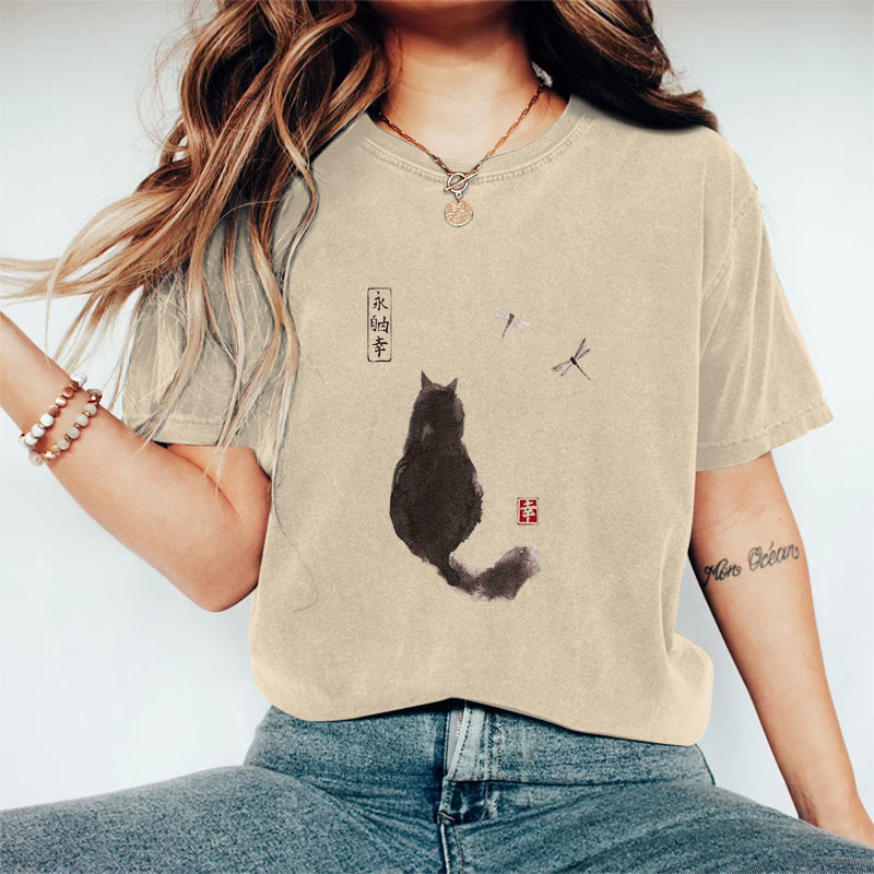 Dashingsoul 100% Cotton Ink Painting Black Cat Japanese Art Print Women's T-shirt