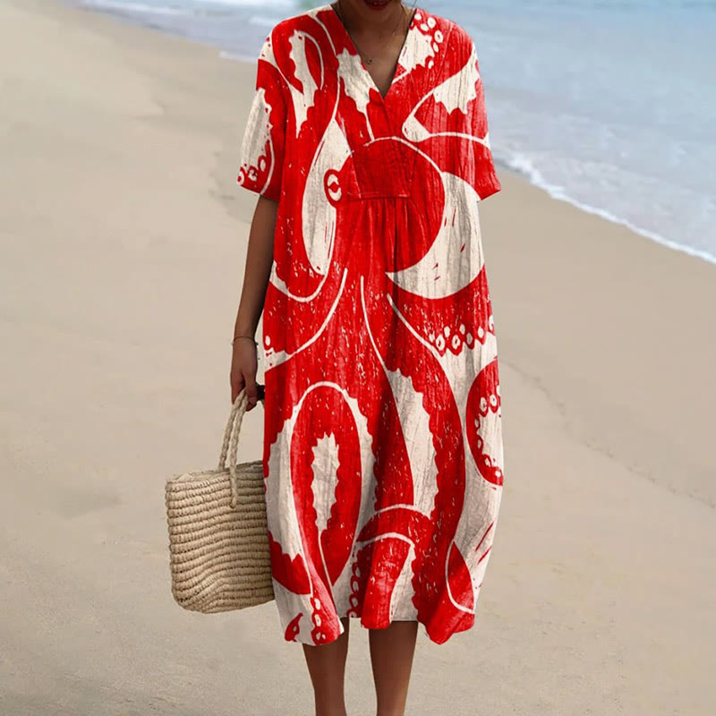 Women's Watercolor Painting Octopus Art Print Short-sleeved Midi Dress - Red - 5XL - image 1