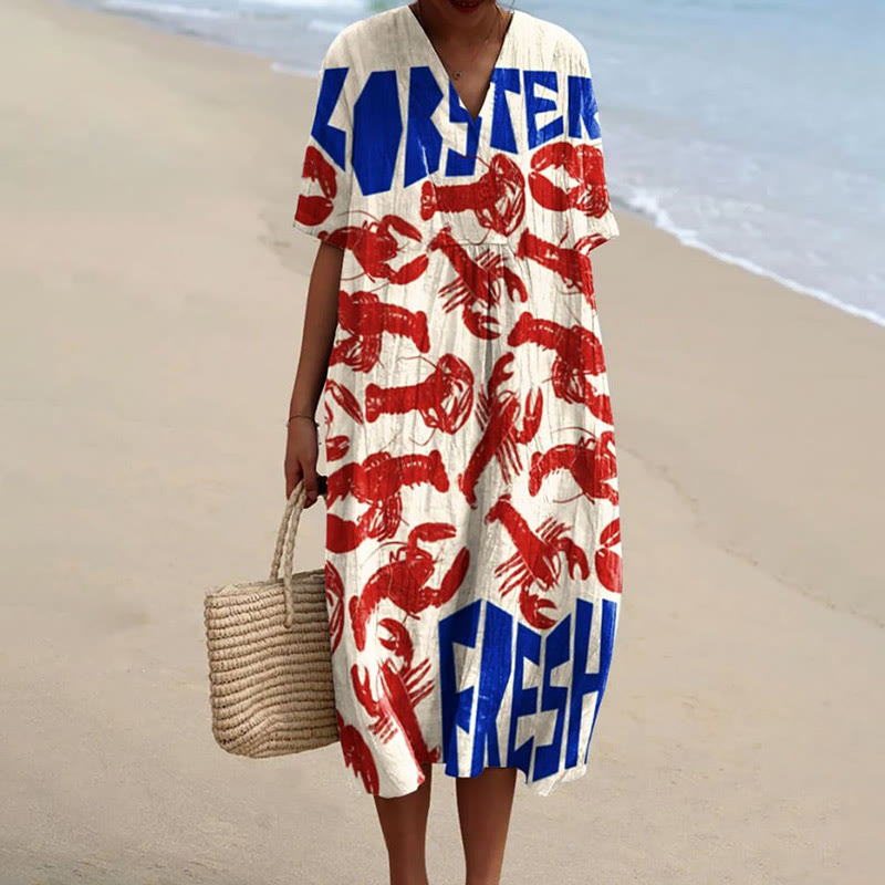 Women's Fresh Lobster Art Print Short-sleeved Midi Dress - Khaki - 5XL - image 1