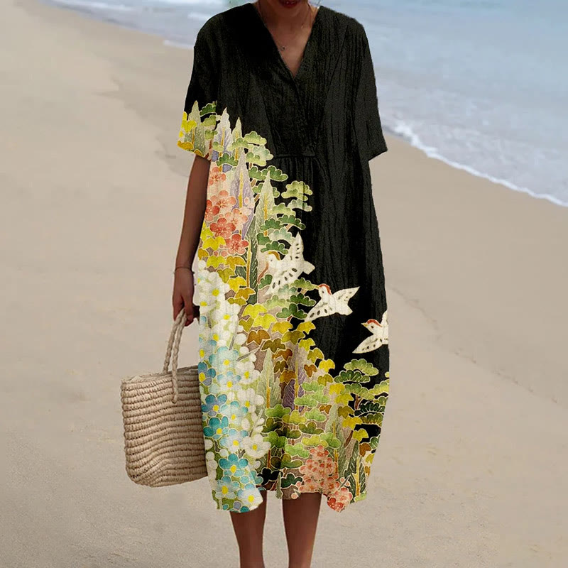 Women's Birds Singing And Flowers Blooming View Art Print Short-sleeved Midi Dress - Black - 5XL - image 1