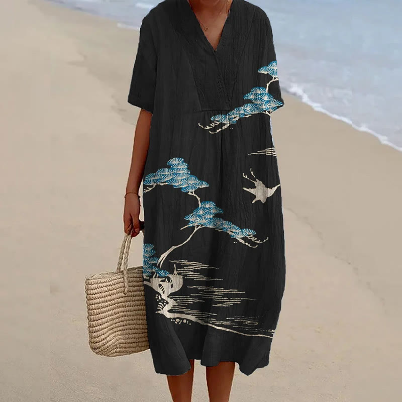 Women's Vintage Landscape Painting Art Print Short-sleeved Midi Dress - Black - 5XL - image 1