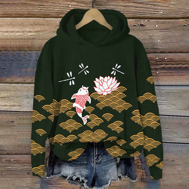 Japanese Style Koi Fish Dragonfly Wave Art Print Casual Long Sleeve Hoodie - Dark Green - 8XL - image 2