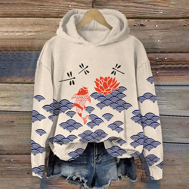 Japanese Style Koi Fish Dragonfly Wave Art Print Casual Long Sleeve Hoodie - Khaki - 8XL - image 1