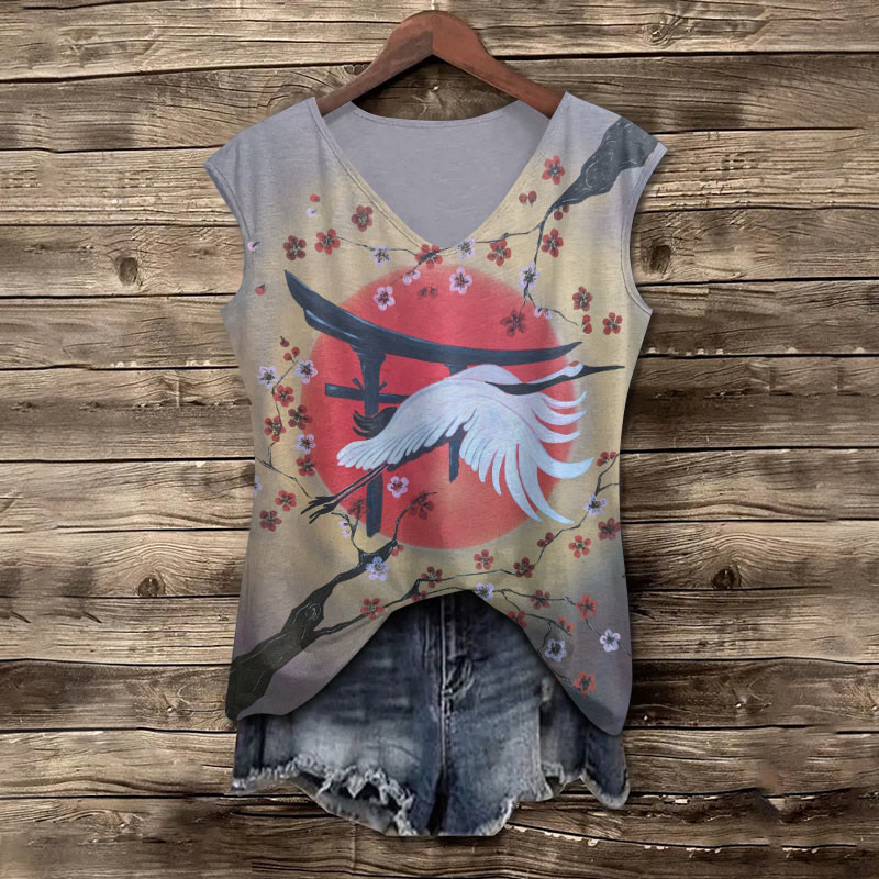 Women's Japanese Mountain Crane Print V-neck Tank Top - Grey - 5XL - image 1