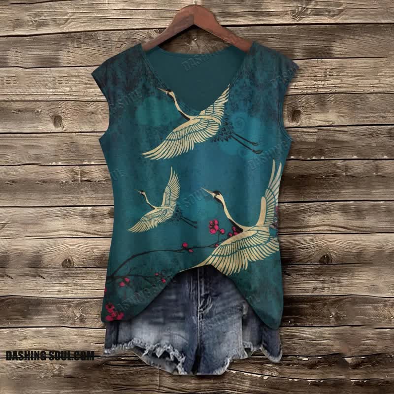 Women's Japanese Style Crane Art Print V-neck Tank Top