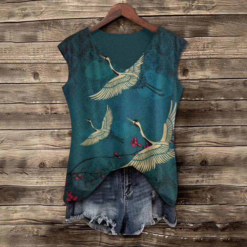 Women's Japanese Style Crane Art Print V-neck Tank Top - Dark Green - 5XL - image 1