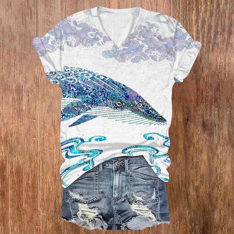 Dashingsoul Women's Japanese Ukiyo-e art whale Print Short Sleeve V-Neck T-Shirt