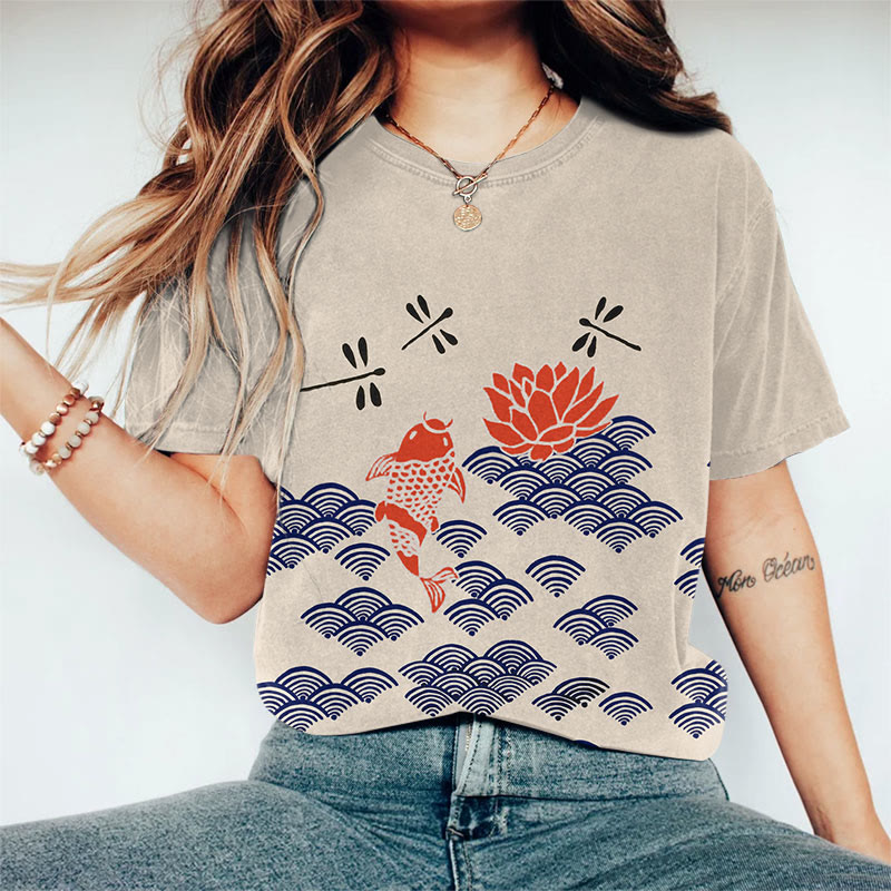 Japanese Style Koi Fish Dragonfly Wave Art Print T-shirt - Khaki - 8XL - image 1