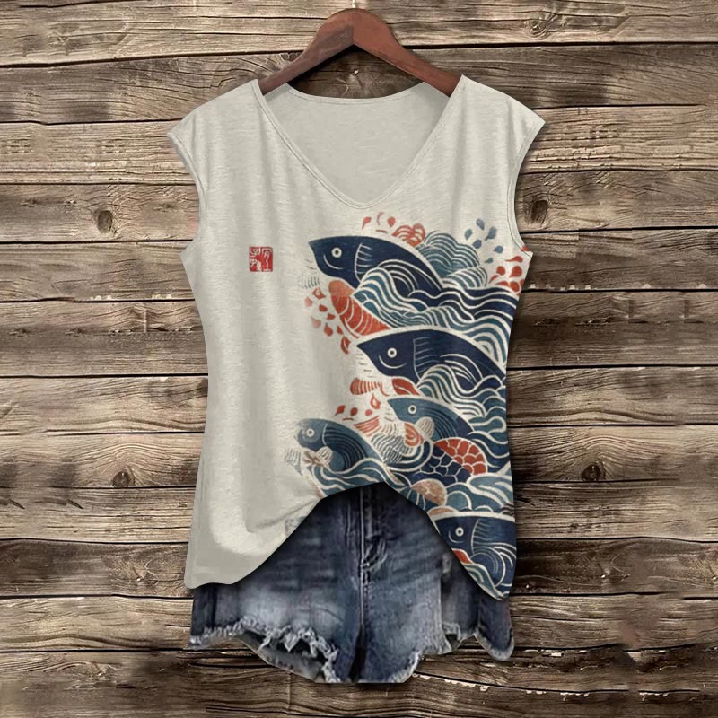 Dashingsoul Japanese Art Carp Print V-neck Tank Top