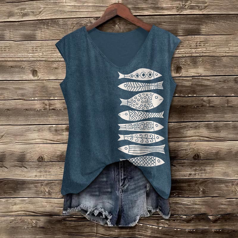 Dashingsoul Fish Japanese Lino Art Print V-neck Tank Top
