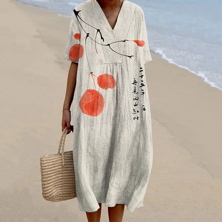 Vintage Ink Wash Painting V Neck Casual Midi Dress - Beige - 6XL - image 1