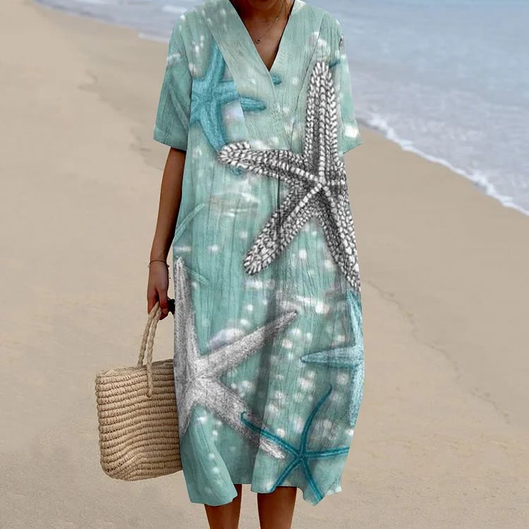 Marine Animal Starfish Pattern V-Neck Dress - Green - 6XL - image 1