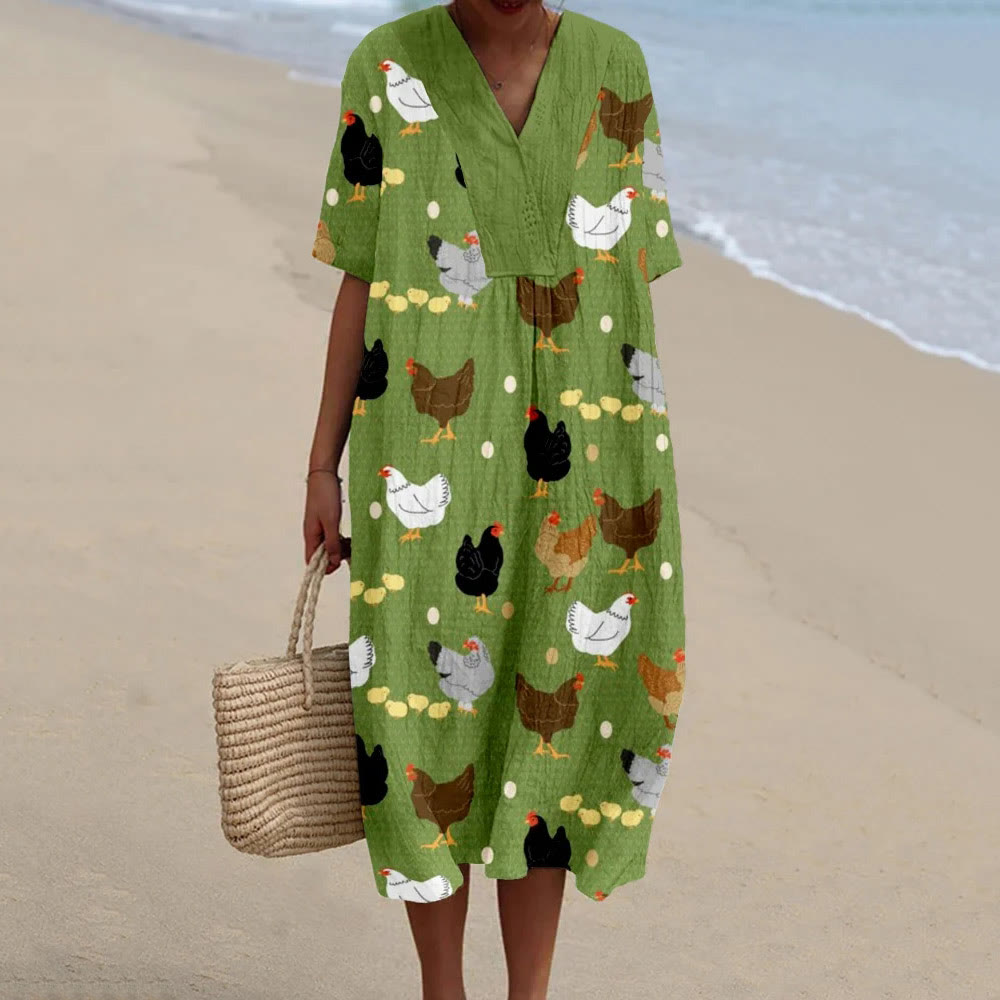 Hens and Chicks Graphic Vintage Midi Dress - Green - 6XL - image 1