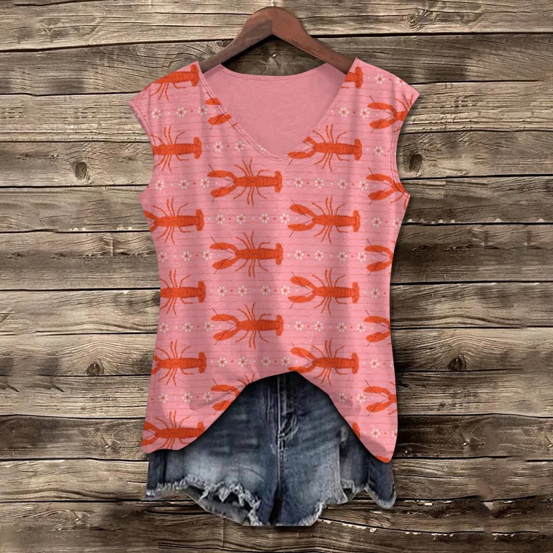 (Limited offer)Lobster Floral Repeat Art Print Women's Casual V-neck Tank Top