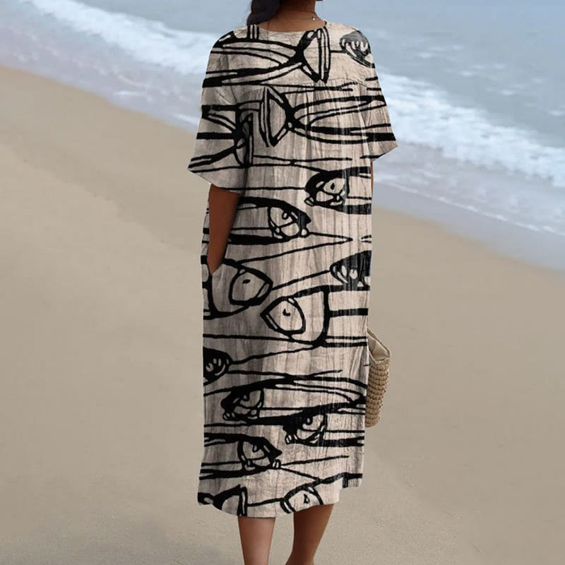 Women's Ink Watercolor Sketch Drawing Fish Art Print Short-sleeved Midi Dress - image 2