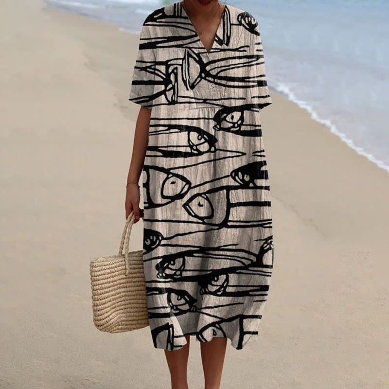 Women's Ink Watercolor Sketch Drawing Fish Art Print Short-sleeved Midi Dress - Khaki - 5XL - image 1