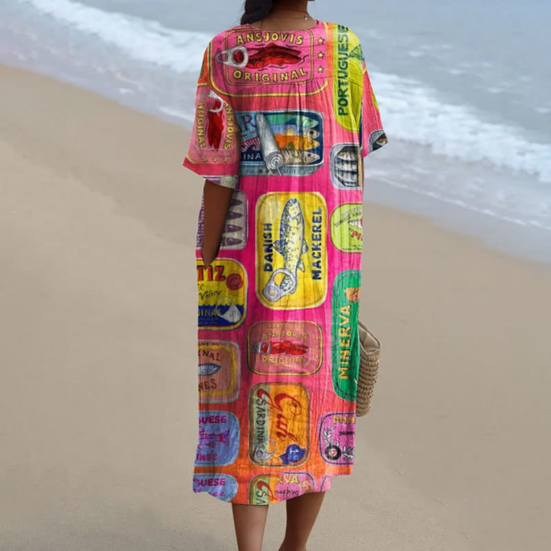 Women's Creative Colorful Various Canned Fish  Print Short-sleeved Midi Dress - image 2