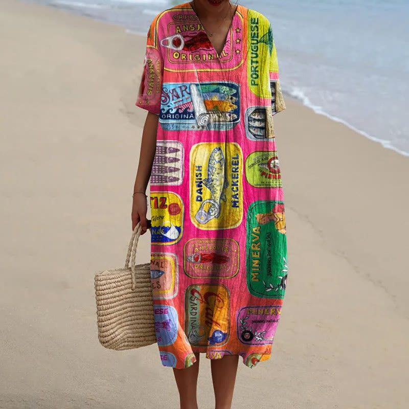 Women's Creative Colorful Various Canned Fish  Print Short-sleeved Midi Dress - Multicolor - 5XL - image 1