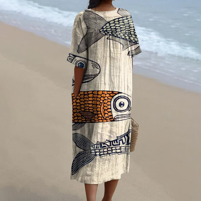 Women's Lovely Sketch Drawing Walleye Art Print Short-sleeved Midi Dress - image 2