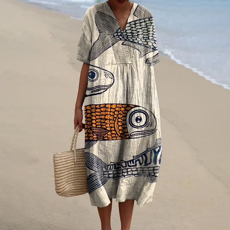 Women's Lovely Sketch Drawing Walleye Art Print Short-sleeved Midi Dress - Khaki - 5XL - image 1