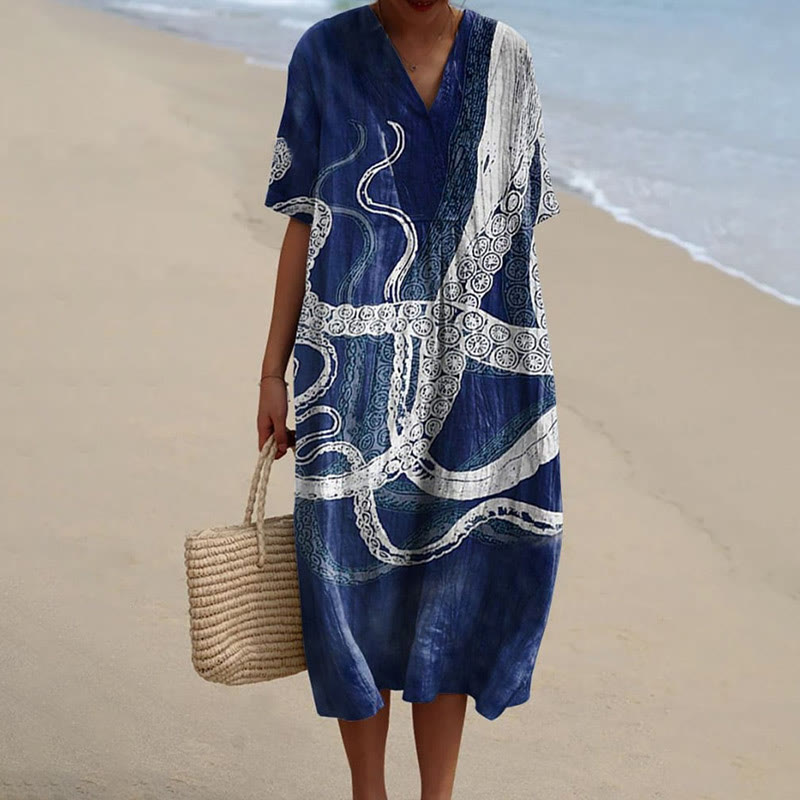Women's Ombre Octopus Tentacles Art Print Short-sleeved Midi Dress - Dark Blue - 5XL - image 1